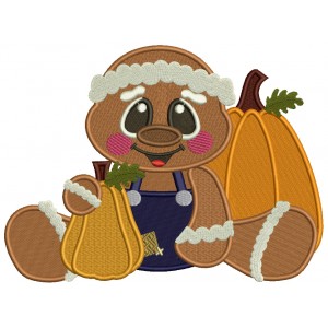 Gingerbread Man Sitting With Two Pumpkins Thanksgiving Filled Machine Embroidery Design Digitized Pattern