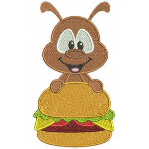 Little Ant Holding a Hamburger Filled Machine Embroidery Digitized Design Pattern