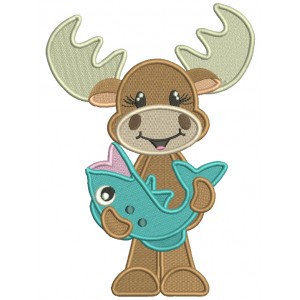 Moose Holding a Big Fish Filled Machine Embroidery Design Digitized Pattern