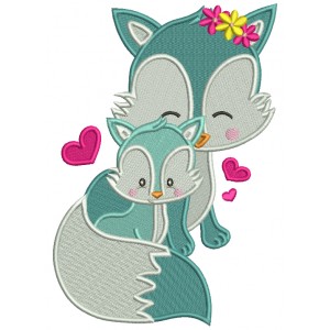 Mother And Baby Fox WIth Hearts Filled Machine Embroidery Design Digitized Patterny 