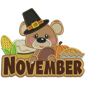 November Bear Thanksgiving Filled Machine Embroidery Design Digitized Pattern