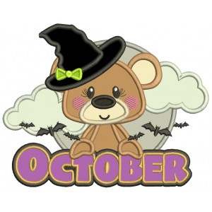 October Bear Wearing Witch Hat Halloween Applique Machine Embroidery Design Digitized Pattern