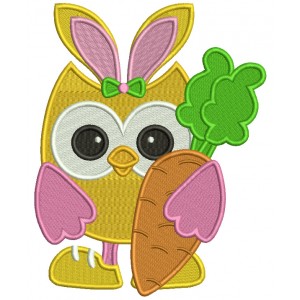 Owl With Bunny Ears Holding Carrot Easter Filled Machine Embroidery Design Digitized Pattern