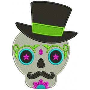 Skull WIth a Hat And Mustache Cinco de Mayo Filled Machine Embroidery Design Digitized Patterny 