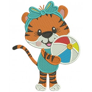 Tiger Girl With a Beach Ball Summer Filled Machine Embroidery Design Digitized Pattern