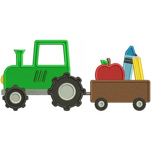 Tractor Carrying School Supplies And an Apple Filled Machine Embroidery Design Digitized Pattern