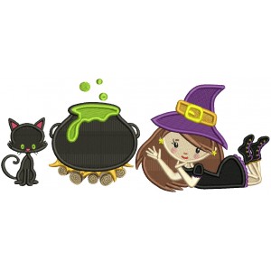 Witch Couldring And a Black Cat Halloween Filled Machine Embroidery Design Digitized Pattern