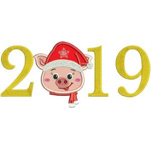 2019 Little Piggy Wearing Santa Hat New Year Applique Machine Embroidery Design Digitized Pattern