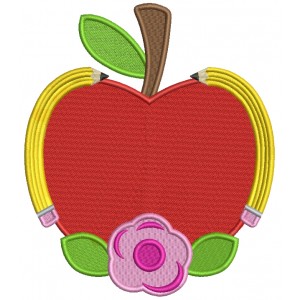 Apple With Pencils And Flowers School Filled Machine Embroidery Design Digitized Pattern