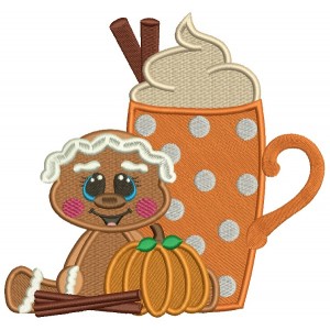 Baby Gingerbread Girl With Pumpkin Thanksgiving Filled Machine Embroidery Design Digitized Pattern