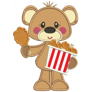 Bear Eating Chicken Drunstick Applique Machine Embroidery Design Digitized Pattern