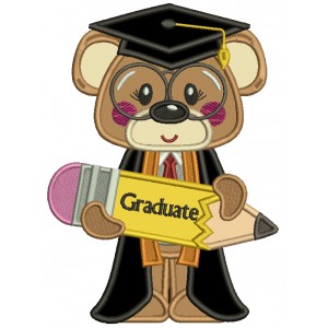 Bear Graduate Holding a Pencil School Applique Machine Embroidery Design Digitized Pattern