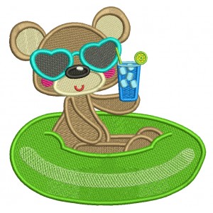 Bear In The Swimming Pool Floaty Summer Filled Machine Embroidery Design Digitized Pattern