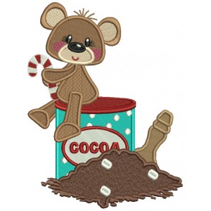 Bear Sitting On The Cocoa Holding Candy Cane Christmas Filled Machine Embroidery Design Digitized Pattern