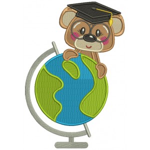 Bear Student With a Globe School Filled Machine Embroidery Design Digitized Pattern