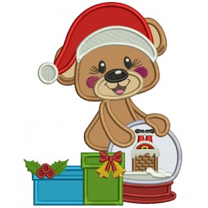 Bear Wearing Christmas Hat With a Globe Applique Machine Embroidery Design Digitized Pattern