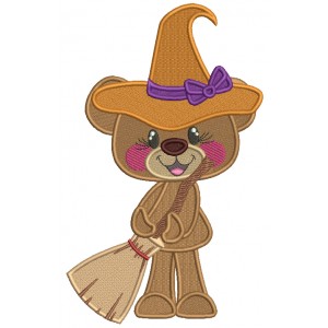 Bear Witch With a Broom Halloween Filled Machine Embroidery Design Digitized Pattern