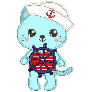 Boy Cat Sailor At The Helm Marine Applique Machine Embroidery Design Digitized Pattern