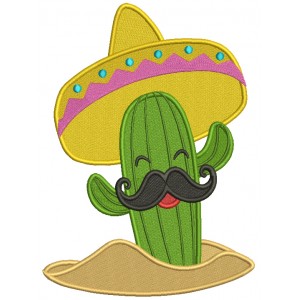 Cactus With Mustache Wearing Big Sombrero Hat Filled Cinco de Mayo Machine Embroidery Design Digitized Pattern