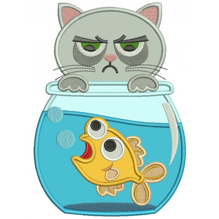 Cat Looking Inside a Fish Bowl Applique Machine Embroidery Design ...