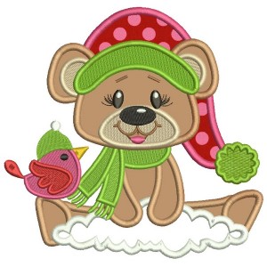 Christmas Bear With a Bird Applique Machine Embroidery Design Digitized Pattern