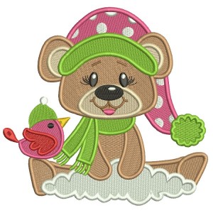 Christmas Bear With a Bird Filled Machine Embroidery Design Digitized Pattern