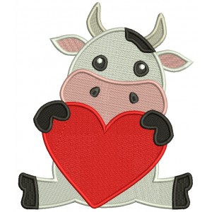 Cute Baby Bull Holding Big Heart Valentine's Day Filled Machine Embroidery Design Digitized Pattern