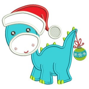 Cute Baby Dino Wearing a Christmas With Ornament on His Tail Hat Applique Machine Embroidery Design Digitized Pattern