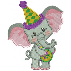 Cute Baby Elephant Wearing Triangular Mardi Gras Hat Filled Machine Embroidery Design Digitized Pattern