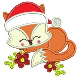 Cute Baby Fox Wearing a Christmas Hat Applique Machine Embroidery Design Digitized Pattern