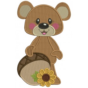 Cute Bear Holding Big Acorn Thanksgiving Filled Machine Embroidery Design Digitized Pattern
