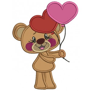Cute Bear Holding Heart Shaped Balloons Applique Machine Embroidery Design Digitized Pattern