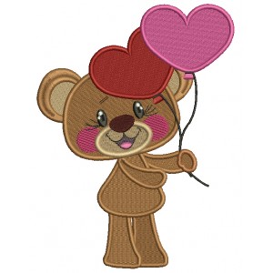 Cute Bear Holding Heart Shaped Balloons Filled Machine Embroidery Design Digitized Pattern