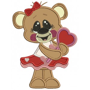 Cute Bear Holding Heart Shaped Key Applique Machine Embroidery Design Digitized Pattern