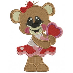 Cute Bear Holding Heart Shaped Key Filled Machine Embroidery Design Digitized Pattern