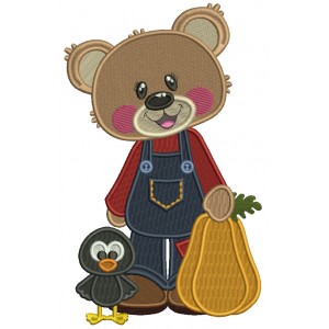 Cute Bear Holding Pumpkin With a Crow Thanksgiving Filled Machine Embroidery Design Digitized Pattern