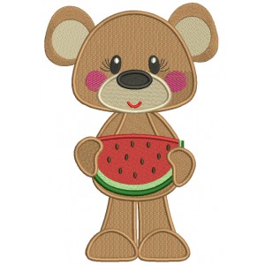 Cute Bear Holding Slice Of Watermelon Filled Machine Embroidery Design Digitized Pattern