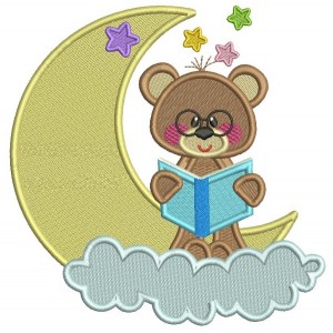 Cute Bear On The Moon Reading a Book Filled Machine Embroidery Design Digitized Pattern