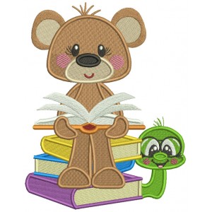 Cute Bear Reading Book School Filled Machine Embroidery Design Digitized Pattern