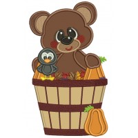 Cute Bear Sitting In a Fall Basket With Leaves Applique Machine Embroidery Design Digitized Pattern