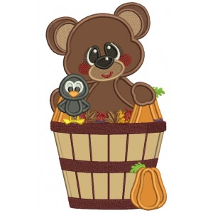 Cute Bear Sitting In a Fall Basket With Leaves Applique Machine Embroidery Design Digitized Pattern