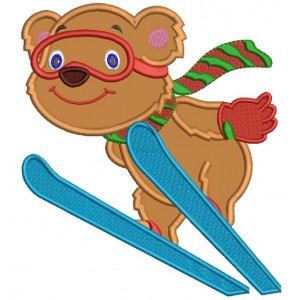 Cute Bear Skiing Christmas Applique Machine Embroidery Design Digitized Pattern