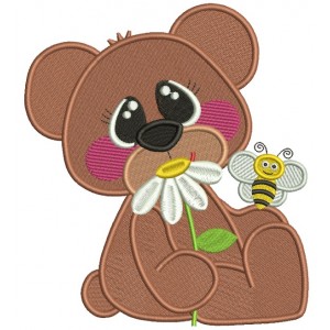 Cute Bear With a Flower and a Bee Filled Machine Embroidery Design Digitized Pattern