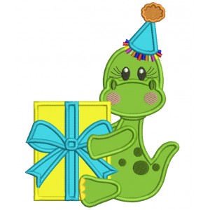 Cute Birthday Dino Holding A Gift Applique Machine Embroidery Design Digitized Pattern