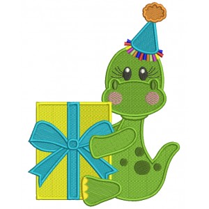 Cute Birthday Dino Holding A Gift Filled Machine Embroidery Design Digitized Pattern
