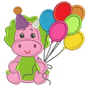 Cute Birthday Dino Holding Balloons Applique Machine Embroidery Design Digitized Pattern