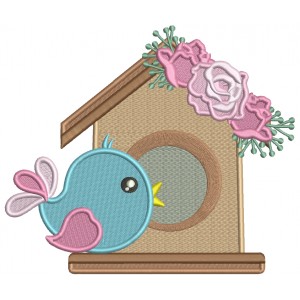 Cute Brid Next to a Bird House With Flowers Filled Machine Embroidery Design Digitized Patterny 