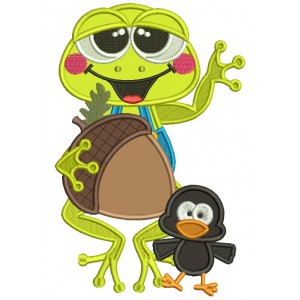 Cute Frog With a Little Crow Holding Acorn Applique Machine Embroidery Design Digitized Pattern