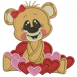 Cute Girl Bear With Hearts Applique Machine Embroidery Design Digitized Pattern