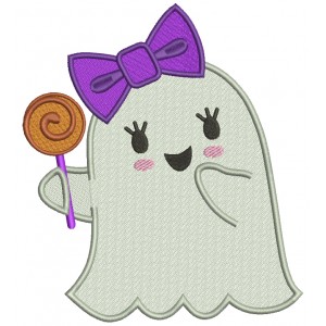 Cute Girl Ghost With a Big Hair Bow Halloween Filled Machine Embroidery Design Digitized Pattern